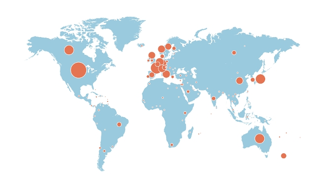 Map of partnerships through the Met Office Hadley Centre. Shows major contributions in North America, Europe and Australia, with less frequent partnerships across the rest of the world.